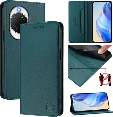 Produktbild von Lederhülle für Huawei Nova 14 Pro Hülle Flip Brieftasche Kartenfächern Ständer Schutzhülle Dunkelgrün