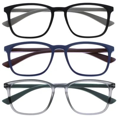 Produktbild von OPULIZE Max Lesebrille 3er Pack - Klassische große rechteckige Fassung - Brillen in mattem Schwarz, Blau und Grau - Herren Damen Uni - RRR78-137 - +1,50