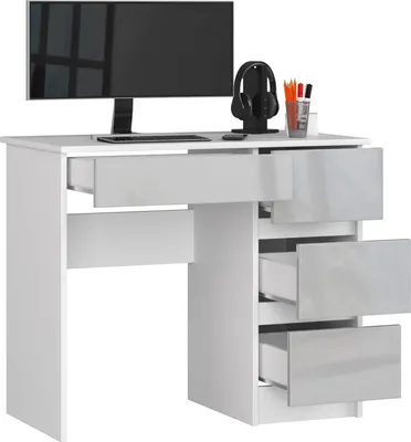 Immagine prodotto di BDW Scrivania per ufficio con 4 cassetti, scrivania da gioco, bianco/grigio lucido destro