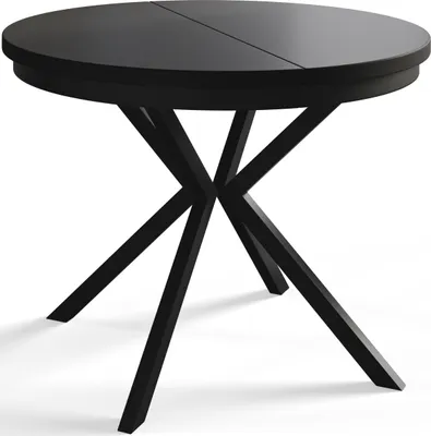 A black round dining table with a modern metal base, shown against a white background.