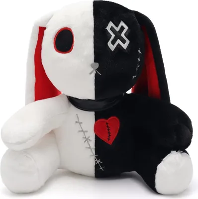 A gothic-style plush bunny toy.