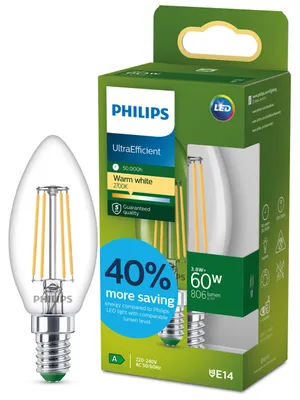 Produktbild von Philips Filament-Kerzenlampe, B35 E14, transparent, 60 W, 3,8 W, 60 W, E14, 806 lm, 50000 h