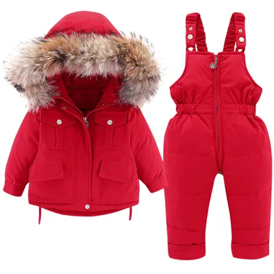 Produktbild von Baby Daunenjacke und Daunenhose 2PCS, Mädchen Jungen Winter Mantel mit Kapuze Kinder Skianzüge (rot,100cm)