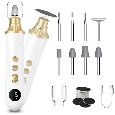 Produktbild von Elektrische Nagelfeile Set 15in1 wiederaufladbar 2 Drehrichtungen leiser Motor LED Licht Maniküre Pediküre Schleifen Polieren Fußpflege