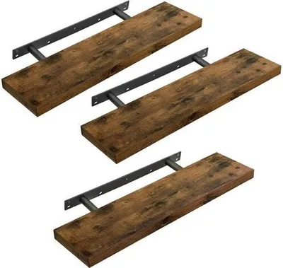 Three wooden shelves with black metal brackets are displayed against a white background.