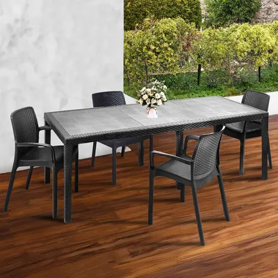 Produktbild von Tisch und Stühle Dantonaz, ausziehbares rechteckiges Außenregal mit 4 Stühlen inklusive, Gartentisch und Sitze in Rattanoptik, 100 %  Italy, Anthrazit