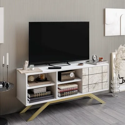 Immagine prodotto di Skye Decor, supporto TV di alta qualità, 130 cm, bianco e oro | Realizzato in pannello di particelle rivestito in melamina al 100%, spessore 18 mm | Gambe in metallo, numerosi ripiani, montaggio a parete, design moderno.