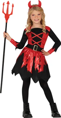 Produktbild von Dämon Halloween Kostüm Stirnband Kleid Schwarz Rot Dreizack, Größe: 98/104 Farbe: Rot