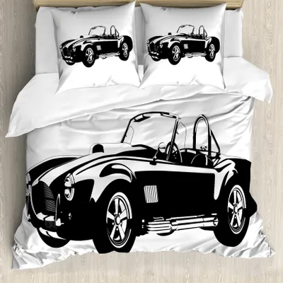 Produktbild von ABAKUHAUS Autos Bettbezug, Classic Car Silhouette, Milbensicher Allergiker geeignet mit Kissenbezügen, 200 cm x 200 cm - 80 x 80 cm, Schwarz-Weiss