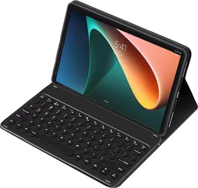A black tablet with a keyboard case attached, shown at an angle.