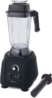 A black Hendi high-performance blender with a transparent jug and a tamper is shown against a white background.