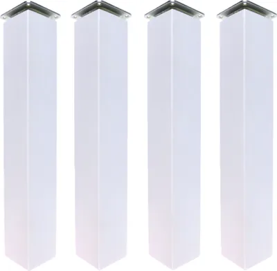 Four white square furniture legs with silver tops are arranged in a row against a white background.