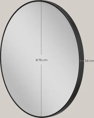 A round mirror with dimensions indicated.