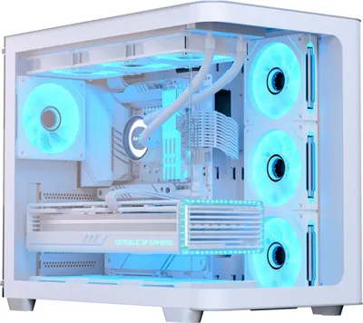 A white computer tower case with blue LED lighting.