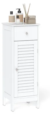 Immagine prodotto di Mobiletto da bagno COSTWAY con cassetto, mobiletto autoportante stretto con ripiano regolabile e sistema di sicurezza anticaduta, mobiletto sottolavabo in legno, dimensioni 32x30x88 cm, colore bianco