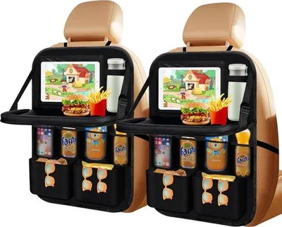 Produktbild von Famanu Auto-Organizer mit großer Rückenlehnen-Schutz - 2 Stück - wasserfest - mit Klapptisch und vielen Fächern - schwarz