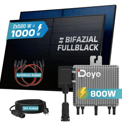 Produktbild von SUNNIVA® 1000W Balkonkraftwerk BIFAZIAL FULLBLACK komplett Steckdose DEYE 800W Wechselrichter, PV Solaranlage, 5m Kabel, Bluetooth WIFI