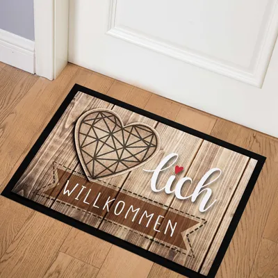 Produktbild von Fußmatte mit Spruch Herzlich Willkommen Herz Natur Holz-Optik rutschfest & waschbar Moonworks® schwarz 60x40cm