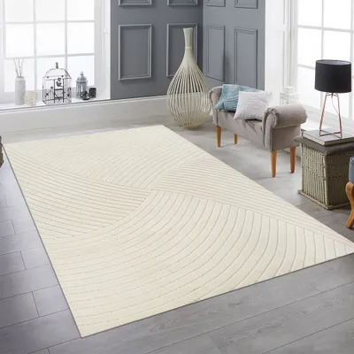 Image de Tapis de salon clair à poils bas avec motif de lignes spéciales en crème Taille - 133 x 190 cm