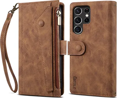 Produktbild von Schutzhülle für Samsung Galaxy S22 Ultra 5G Reißverschluss Hülle, Leder Klapphülle Kartenfach Standfunktion Brieftasche mit Trageband Braun
