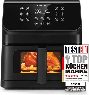 6,2L Airfryer mit aktualisierter Rapid Air Technologie, 55% Energieeinsparung, für 3-5 Personen, 12 in 1 Heissluftfritteuse, 30 Rezeptbuch, 1700 W