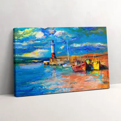 Produktbild von Leuchtturm und Boote – Leinwandbild Wandbild – 30x20 cm – Leinwandbilder – Wandbilder – Schlafzimmer – Flur
