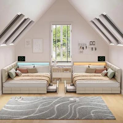 Immagine prodotto di Letto imbottito ProximaX 140x190 cm, tessuto in lino beige, testiera a L, illuminazione a LED, presa USB, cassetti ai piedi del letto