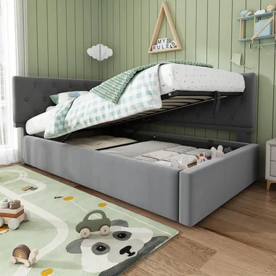 A child's bedroom with a bed that has storage underneath. The bed is partially open, revealing storage space. A rug with a panda and road design is in the foreground.