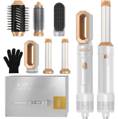 Produktbild von 6 in 1 Hairstyler Set mit Warmluft Lockenbürste Automatisch, Haartrockner, Rundbürstenföhn, Warmluftbürste, Geschenke für Frauen, Pro Weiß