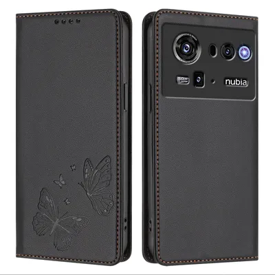Image de Étui en cuir pour ZTE nubia Z80 Ultra, étui de protection type portefeuille en cuir gaufré « papillon » avec support, noir