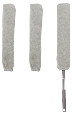 Image de Plumeau plat Relaxdays, pour nettoyer les interstices, manche télescopique jusqu'à 115 cm, 3 housses lavables, brosse pour interstices, gris