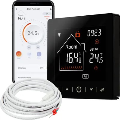 A smart thermostat device and its accompanying smartphone app are displayed, along with a coiled white cable.