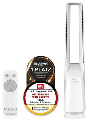 Produktbild von Brandson Turmventilator NTV Sieger 2026 mit Fernbedienung, leise, DC-Motor, 33 W, Säulenventilator, Timer, Oszillation, 3 Modi, Touch, rotorlos
