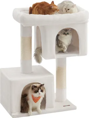 A white cat tree with multiple levels and cats on it, set against a white background.