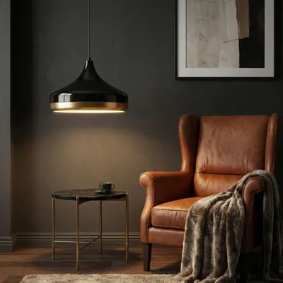 Produktbild von Opviq, Moderne schwarze Pendelleuchte, Metallkörper, Ø36 h:26 cm, höhenverstellbar 42-122 cm, E27 Max 40 W, IP20, ideal für Hotel & moderne Räume, elegantes Design.