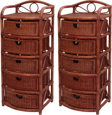 Zdjęcie produktu dla KRINES HOME Zestaw 2 półek z 5 szufladami z naturalnego rattanu, komoda / półka z koszem 53x43x129 (bordowa czerwień)