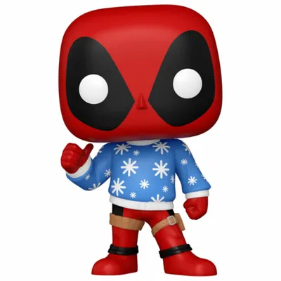A Funko Pop! vinyl figure of Deadpool wearing a blue sweater with white snowflakes.