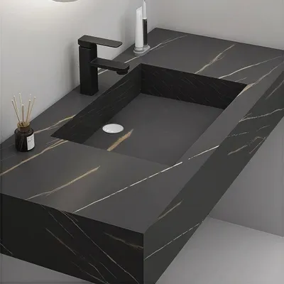 Produktbild von Waschbecken Badezimmermöbel-Set Sinterstein Waschbecken Hänge Waschbecken mit LED Spiegel und Schublade【HT72】