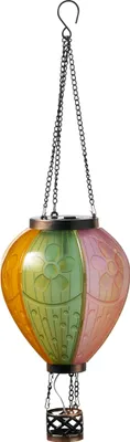 A hanging solar lantern shaped like a hot air balloon.