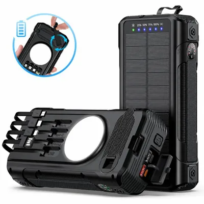Produktbild von Externe Solarbatterie 40000mAh Linomag®, 4 USB-Anschlüsse, 4 integrierte Kabel, 4 Lademethoden, LED-Laterne, Kompass und Thermometer, Schwarz