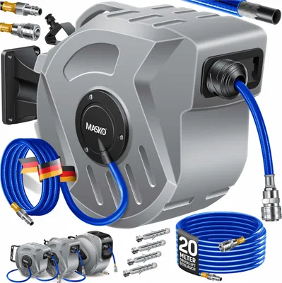 Produktbild von MASKO® Automatik Druckluftschlauch Aufroller – Schlauchtrommel mit 1/4" Anschluss, Schlauchaufroller, Wandhalterung, Tragegriff, 180° schwenkbar, Schlauchbremse, vormontiert & sofort einsatzbereit