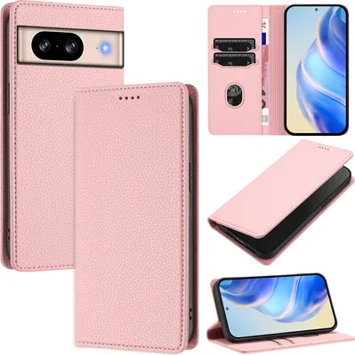 Produktbild von Litchi Leder Handyhülle für Google Pixel 8 Wallet Kartenfächer Standfunktion Hülle Pink