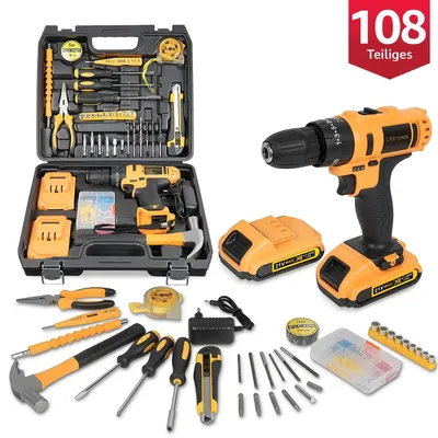 A collection of tools and a power drill are laid out on a white background.