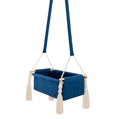 Produktbild von Baby Hängeschaukel aus Samt Dunkelblau – sichere Babywiege aus EU mit Holzboden, Matratze und Baumwollseilen, geruchsfrei und schadstofffrei