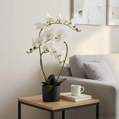 Image de Fleur d'orchidée artificielle dans un pot blanc