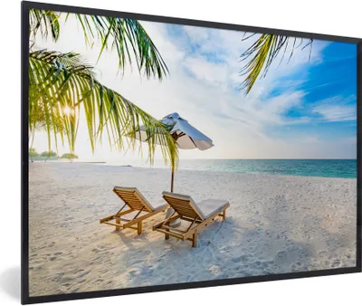 Produktbild von MuchoWow® Gerahmtes Poster Strandkorb - Sonnenschirm - Sonnenuntergang 90x60 cm - Poster mit Schwarzem Bilderrahmen Wandposter Rahmen Foto Bilder - Fotorahmen - Foto-Plakat