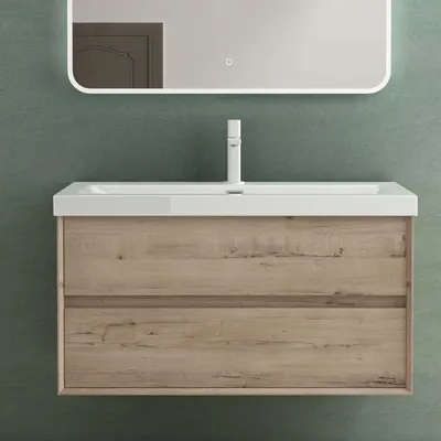 Produktbild von Mai & Mai Badmöbelset Badezimmermöbel Waschbeckenunterschrank 2 Schubladen mit Soft-Close inkl. Waschbecken aus Mineralguss Eiche Greige 100 cm Rimo