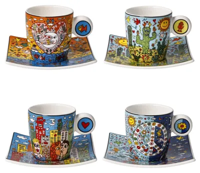 Produktbild von James Rizzi 4er Set Espressotassen mit Untertasse Porzellan Goebel Pop Art