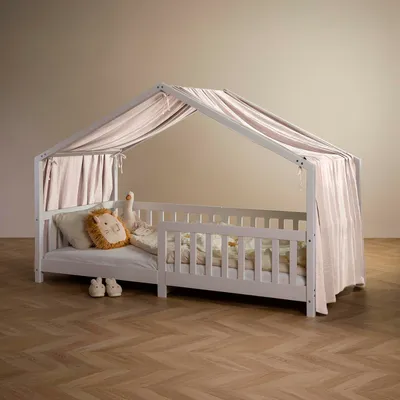 Produktbild von Hausbett Himmel LIAN in beige - Betthimmel aus 100% Baumwolle, Baldachin Musselin zweilagig, Bettvorhang für Kinder, Hausbett Deko