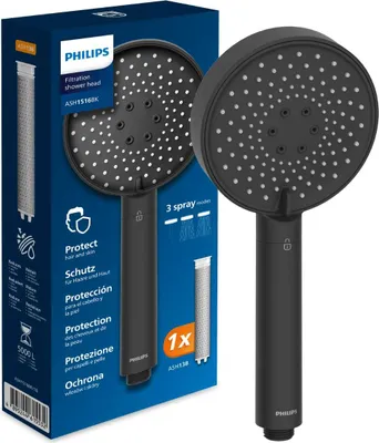 Produktbild von Philips Water Duschkopf mit Filter – Schutz für Haut & Haare, entfernt effektiv Chlor und große Partikel, 3 Sprühmodi, 1 Monat Filterkapazität, Schwarz
